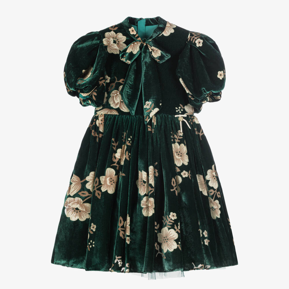 Junona-Girls Green Velvet Floral Dress | Childrensalon Outlet