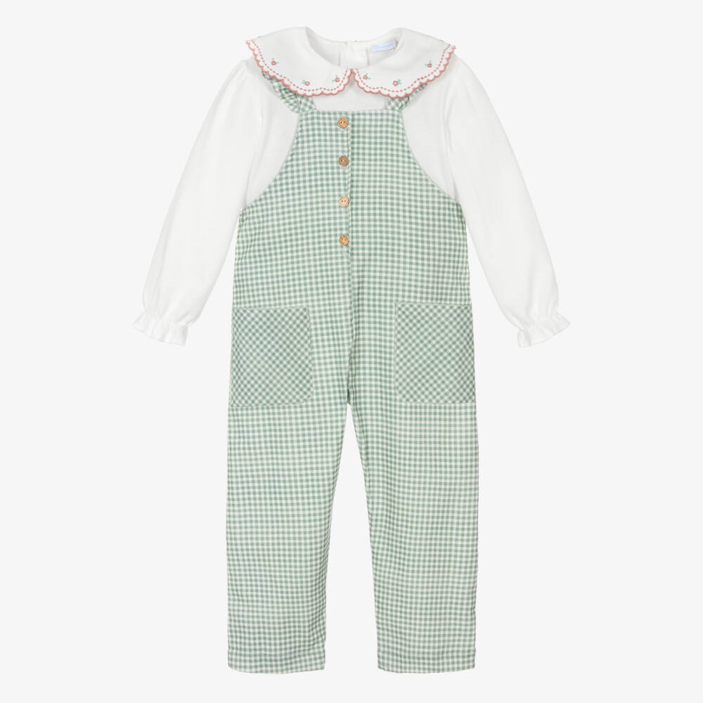 Laranjinha-Girls Green & White Gingham Corduroy Dungaree Set | Childrensalon Outlet