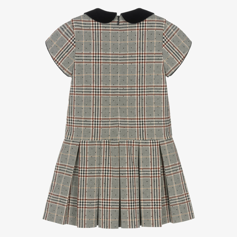 Tartine et Chocolat-Girls Grey & Beige Check Dress with Velvet Collar | Childrensalon Outlet