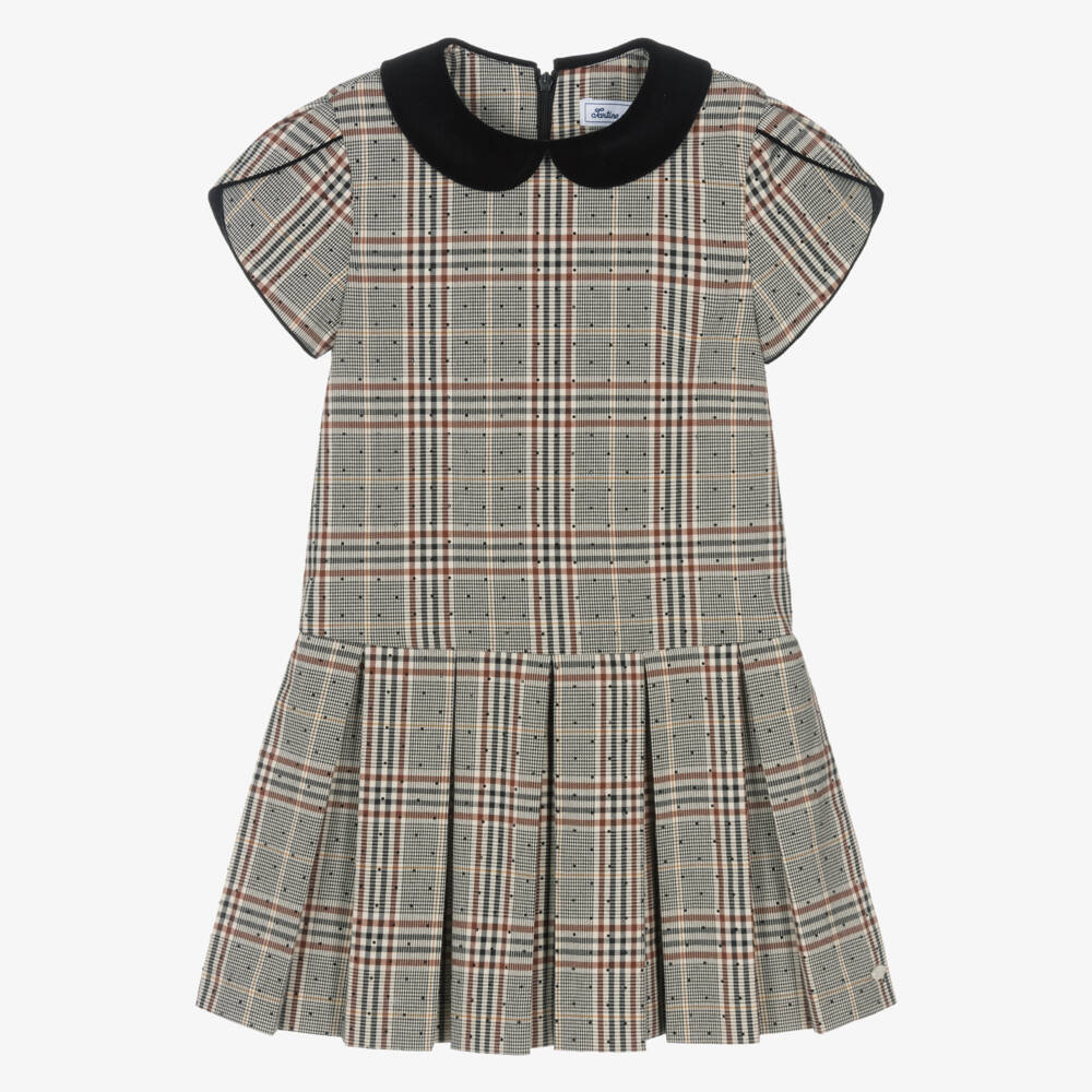 Tartine et Chocolat-Girls Grey & Beige Check Dress with Velvet Collar | Childrensalon Outlet