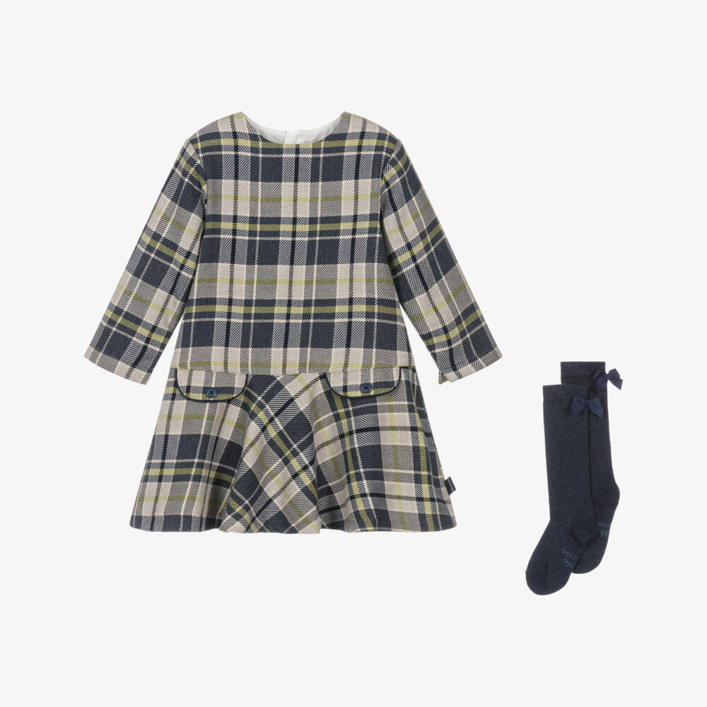 Tutto Piccolo-Girls Grey & Blue Check Cotton Dress & Socks Set | Childrensalon Outlet