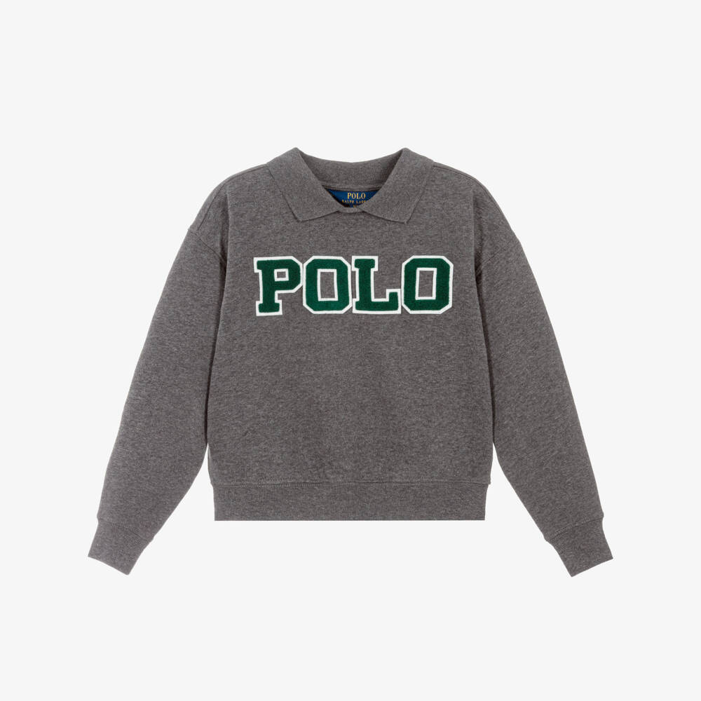 Ralph Lauren-Girls Grey Cotton Collared Sweatshirt with Bouclé Logo | Childrensalon Outlet