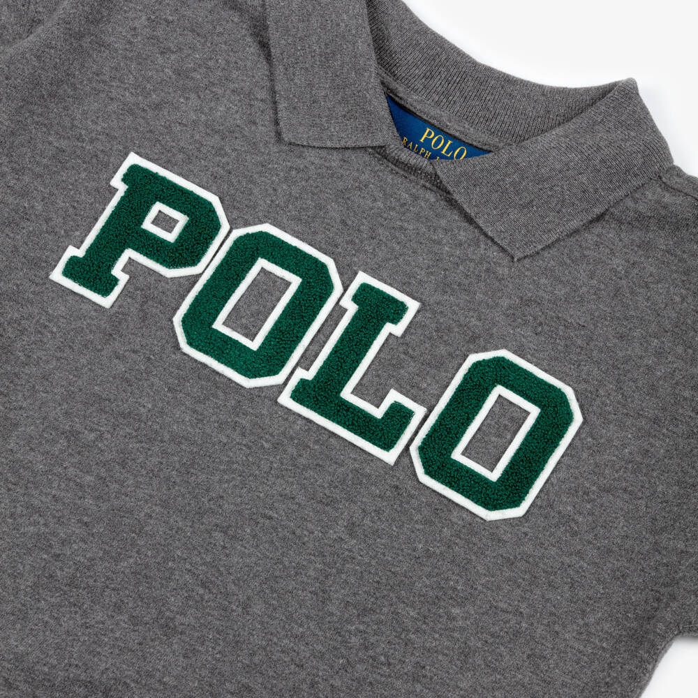 Ralph Lauren-Girls Grey Cotton Collared Sweatshirt with Bouclé Logo | Childrensalon Outlet