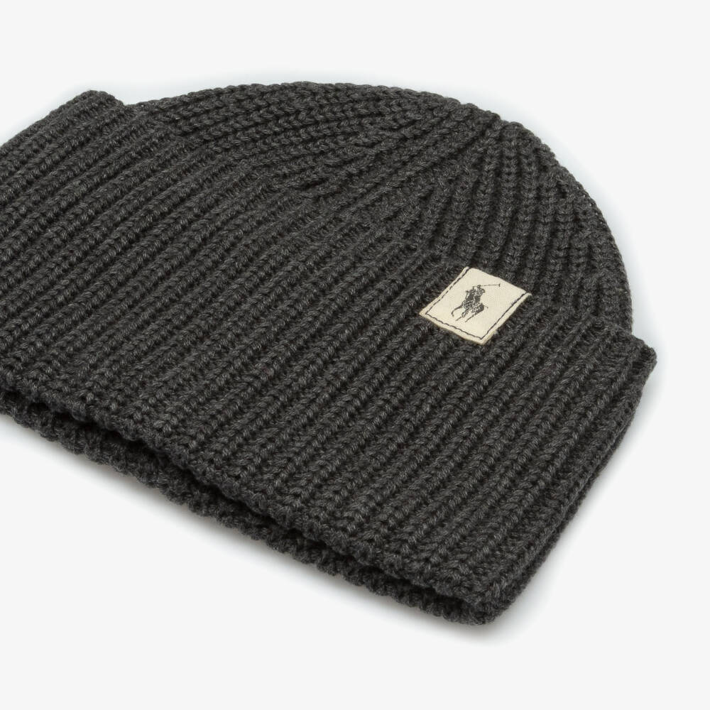 Ralph Lauren-Girls Grey Cotton Ribbed Knit Beanie Hat with Pony Logo Tab | Childrensalon Outlet