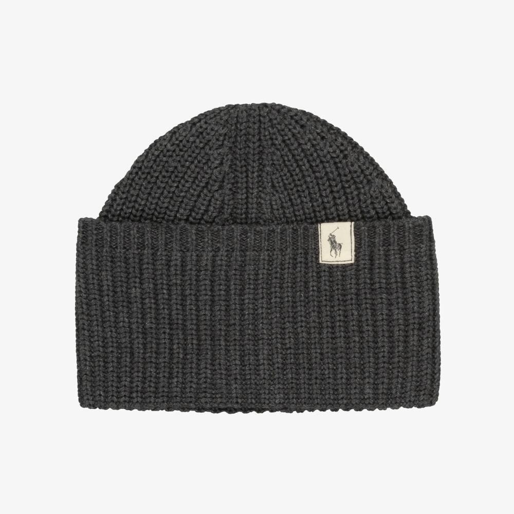 Ralph Lauren-Girls Grey Cotton Ribbed Knit Beanie Hat with Pony Logo Tab | Childrensalon Outlet