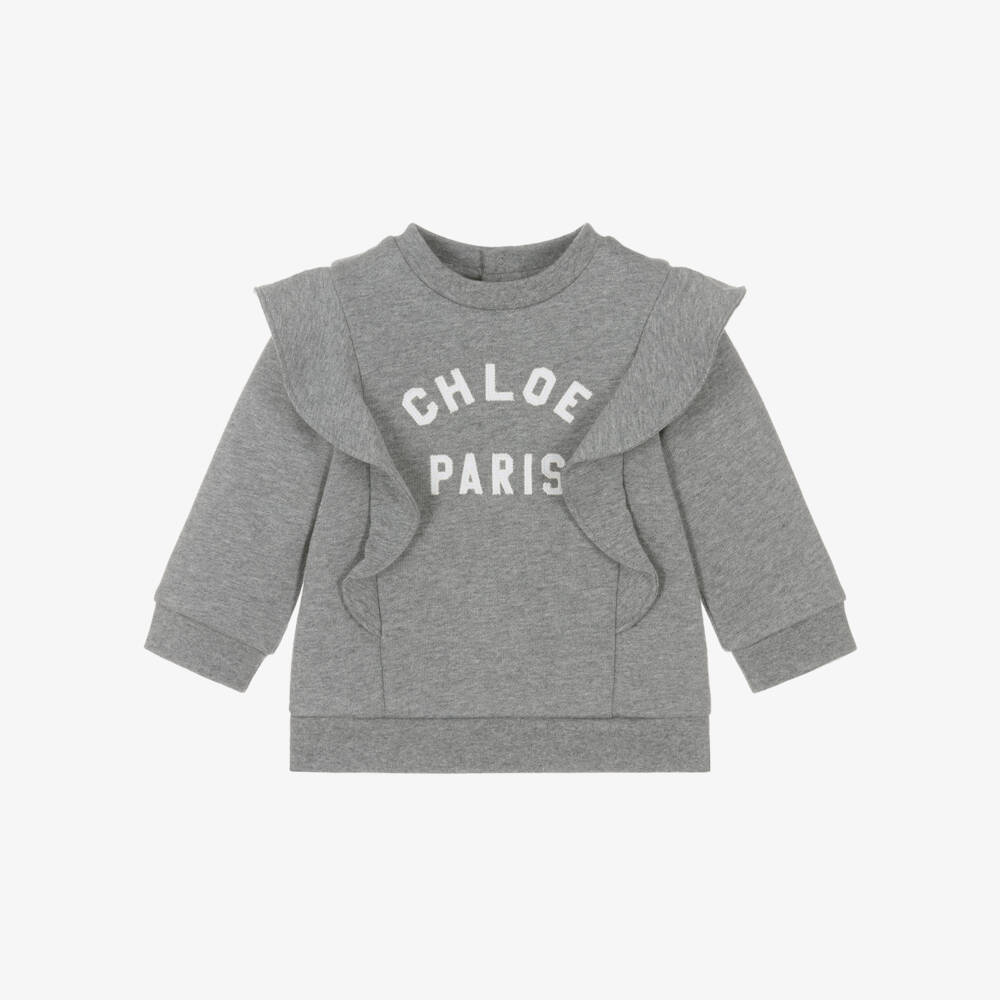 Chloé-Girls Grey Cotton Ruffle Sweatshirt with Chloé Paris Logo | Childrensalon Outlet