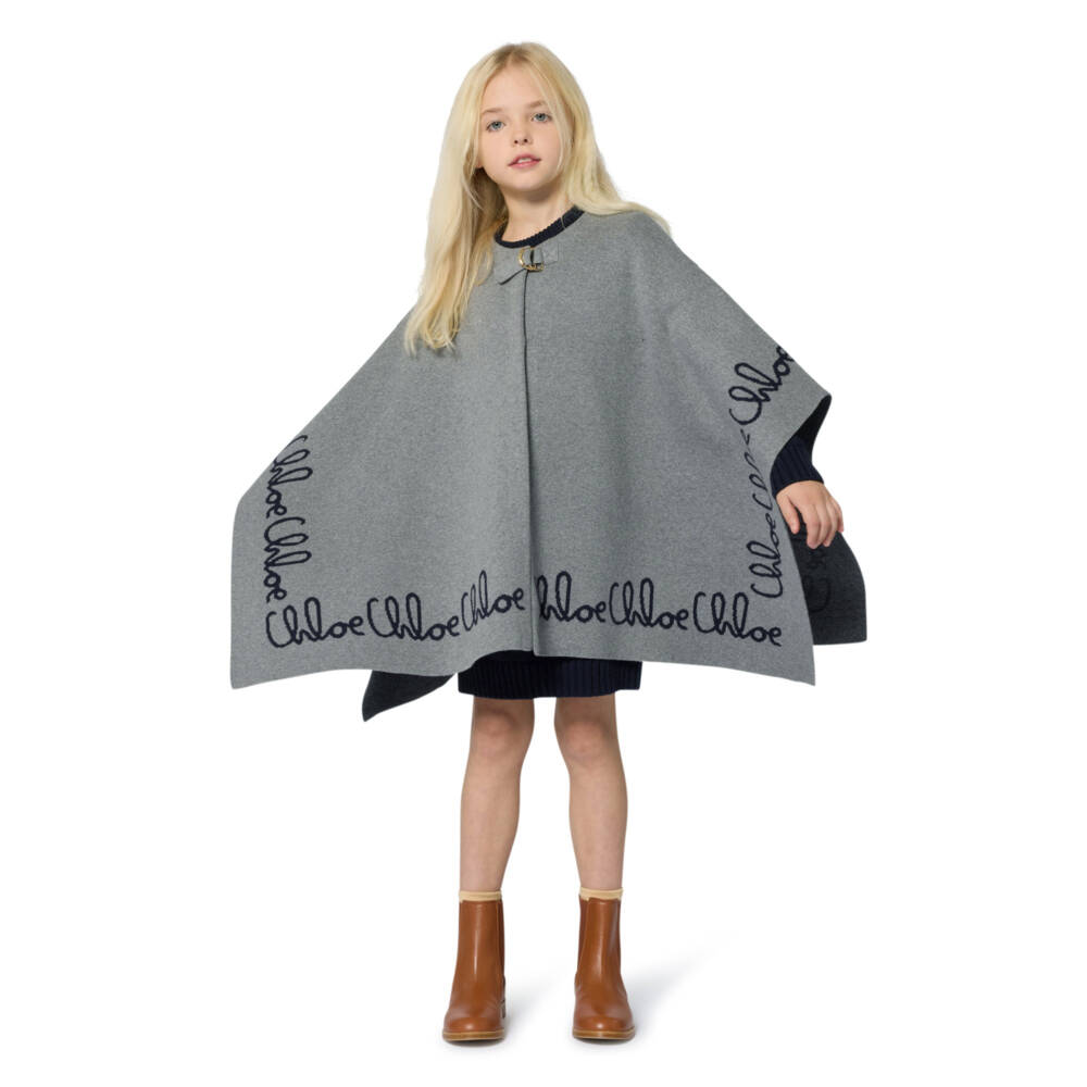 Chloé-Girls Grey Cotton & Wool Knit Cape | Childrensalon Outlet