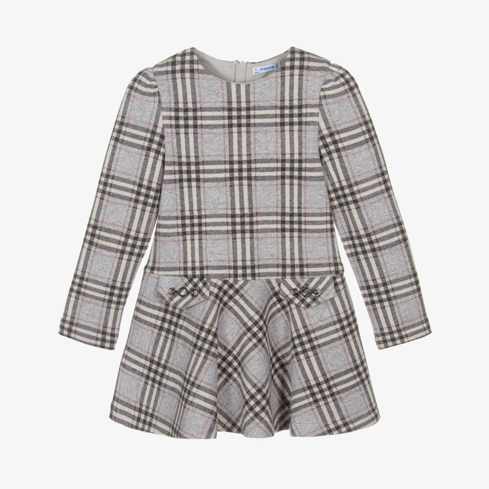 Mayoral-Girls Grey & Glittery Red Check Cotton Jersey Dress | Childrensalon Outlet