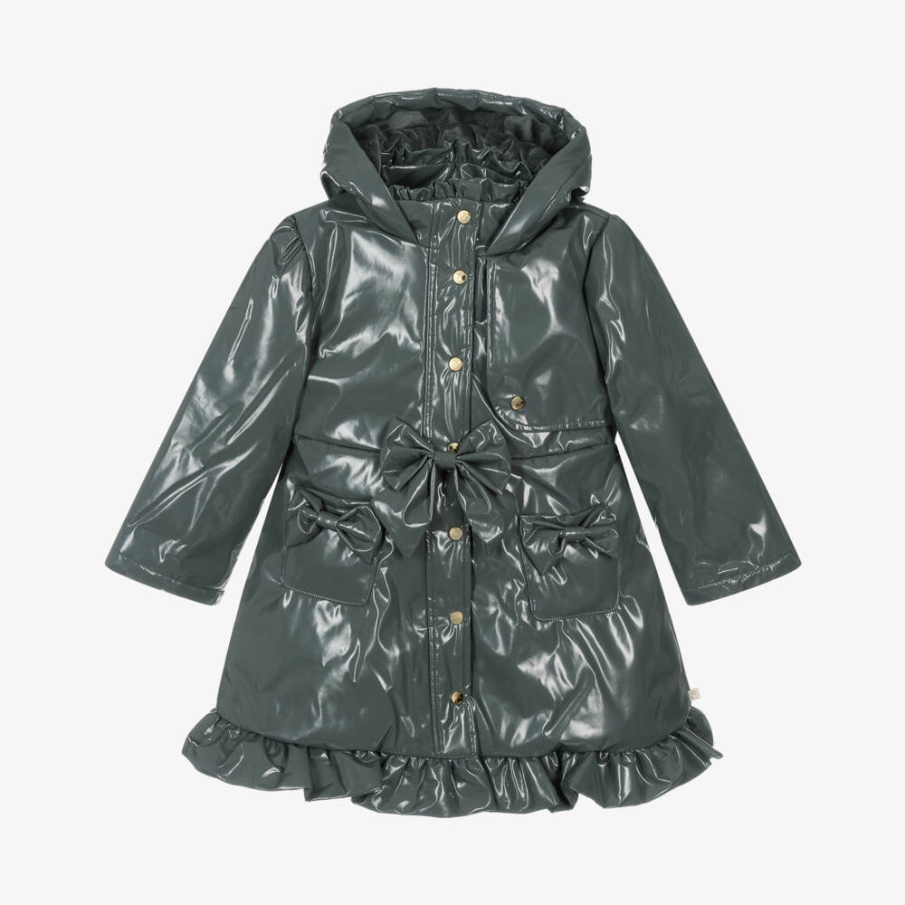 Caramelo Kids-Girls Grey Hooded Raincoat with Bows & Ruffles | Childrensalon Outlet