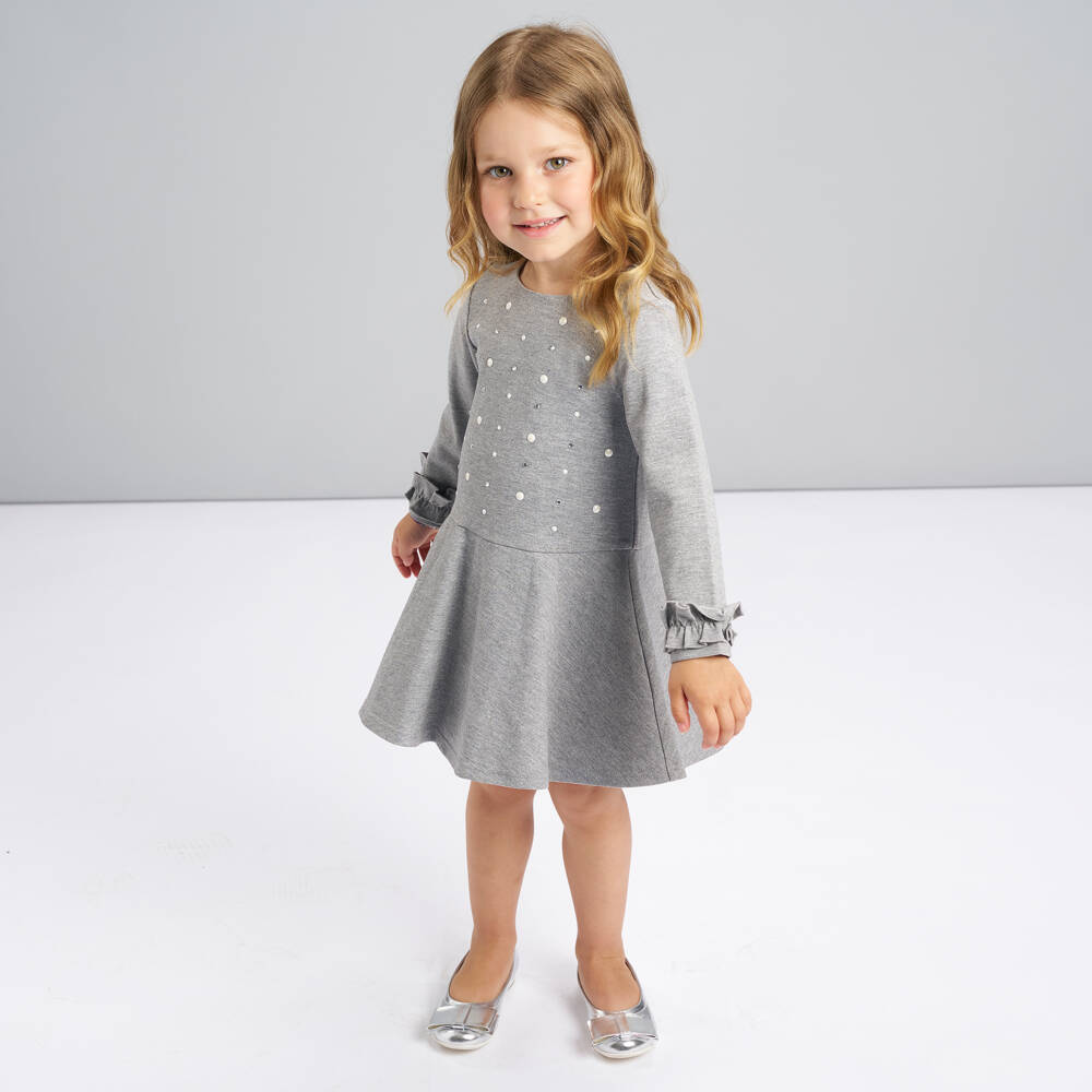 iDO-Girls Grey Jersey Dress with Diamantés and Ruffle Trims | Childrensalon Outlet