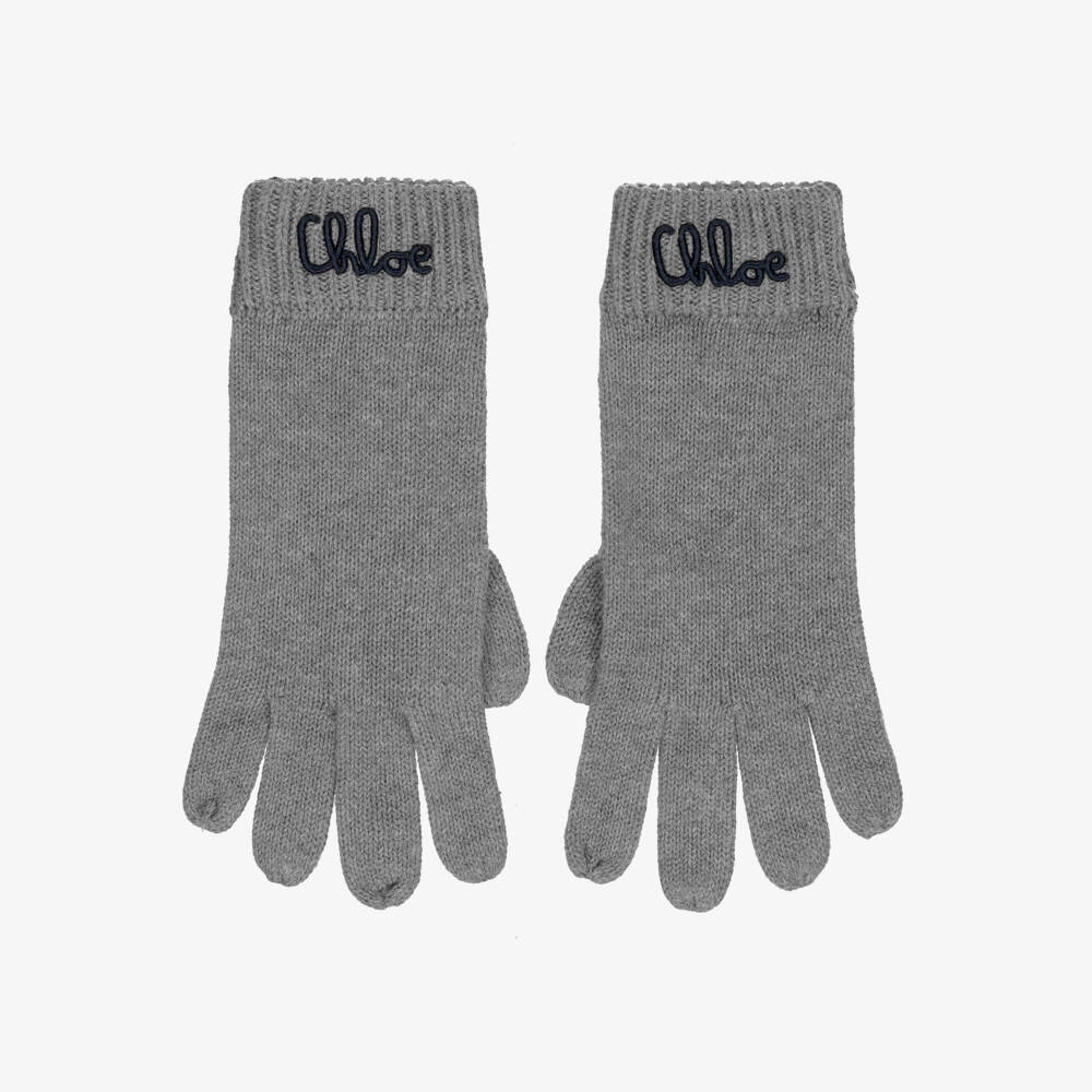 Chloé-Girls Grey Knitted Gloves with Embroidered Logo | Childrensalon Outlet