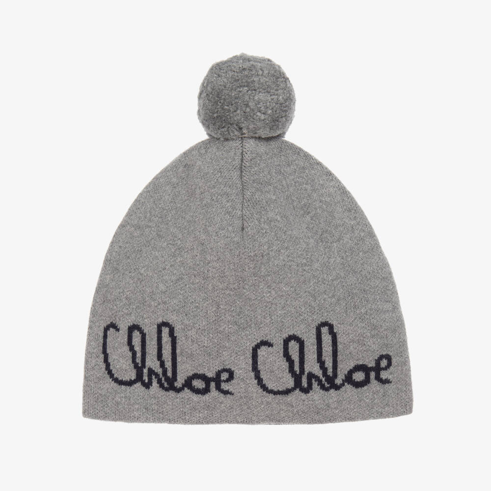 Chloé-Girls Grey Knitted Hat with Navy Blue Chloé Logo | Childrensalon Outlet