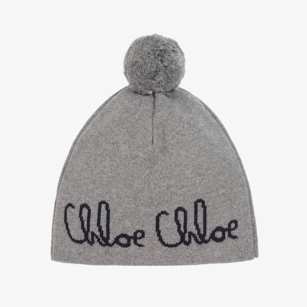 Chloé-Girls Grey Knitted Hat with Navy Blue Chloé Logo | Childrensalon Outlet