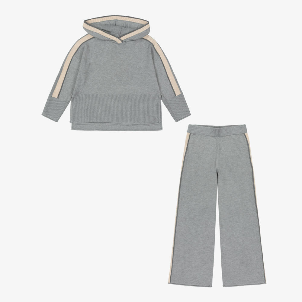 Mayoral-Girls Grey Knitted Trouser Set with Striped Trims | Childrensalon Outlet