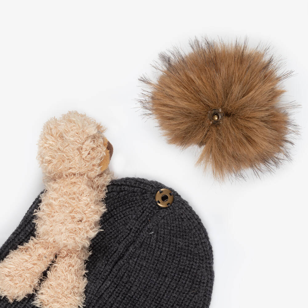 Monnalisa-Girls Grey Knitted Wool Teddy Bear Hat | Childrensalon Outlet