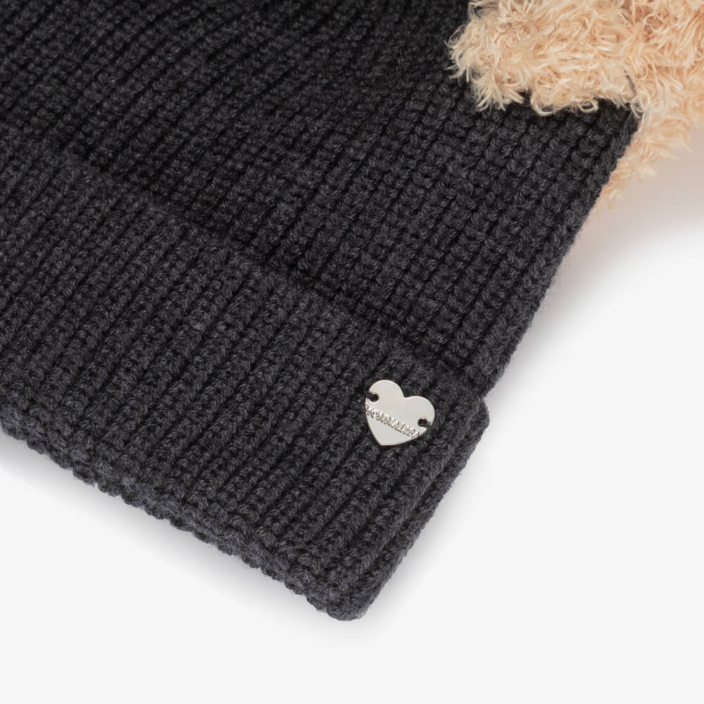 Monnalisa-Girls Grey Knitted Wool Teddy Bear Hat | Childrensalon Outlet