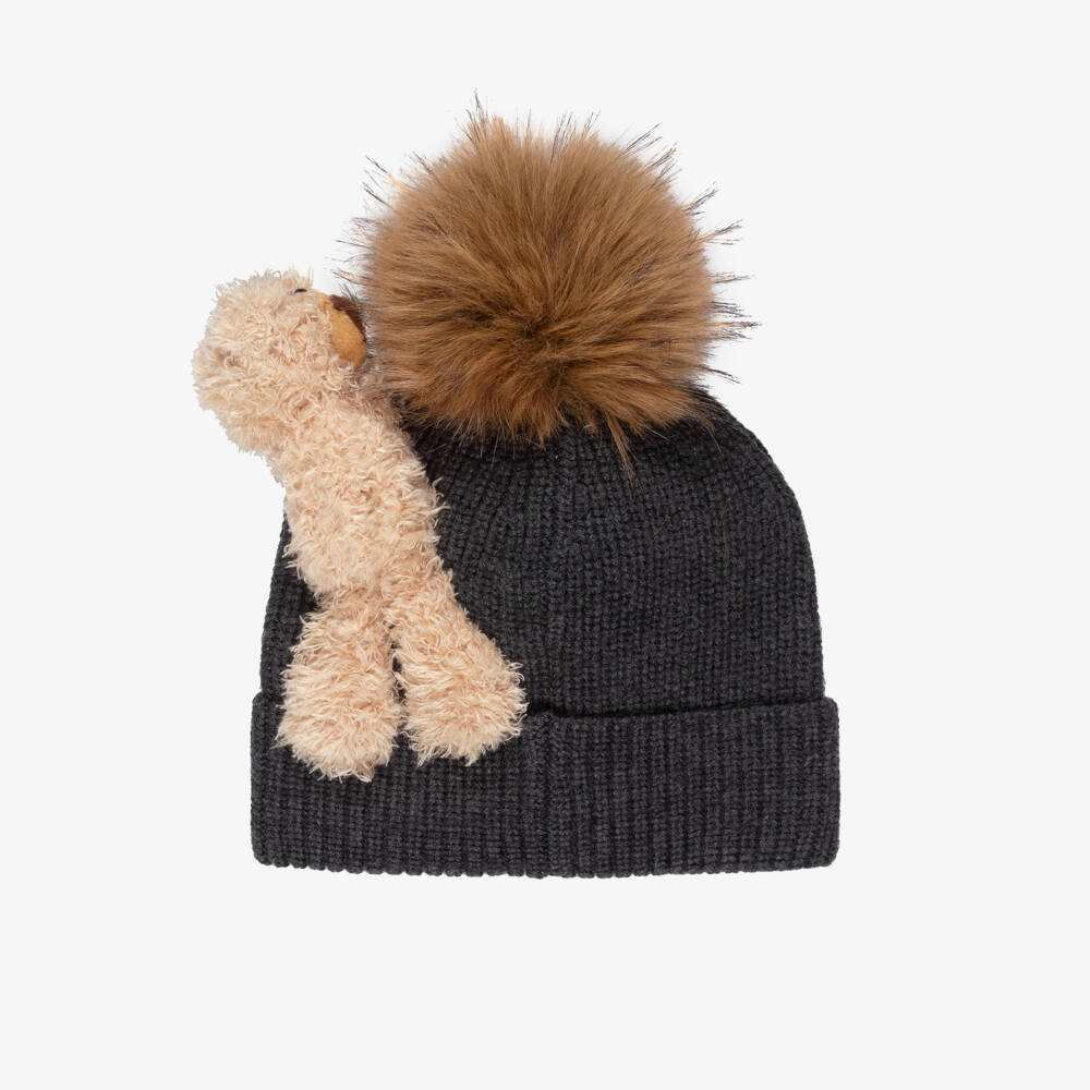 Monnalisa-Girls Grey Knitted Wool Teddy Bear Hat | Childrensalon Outlet