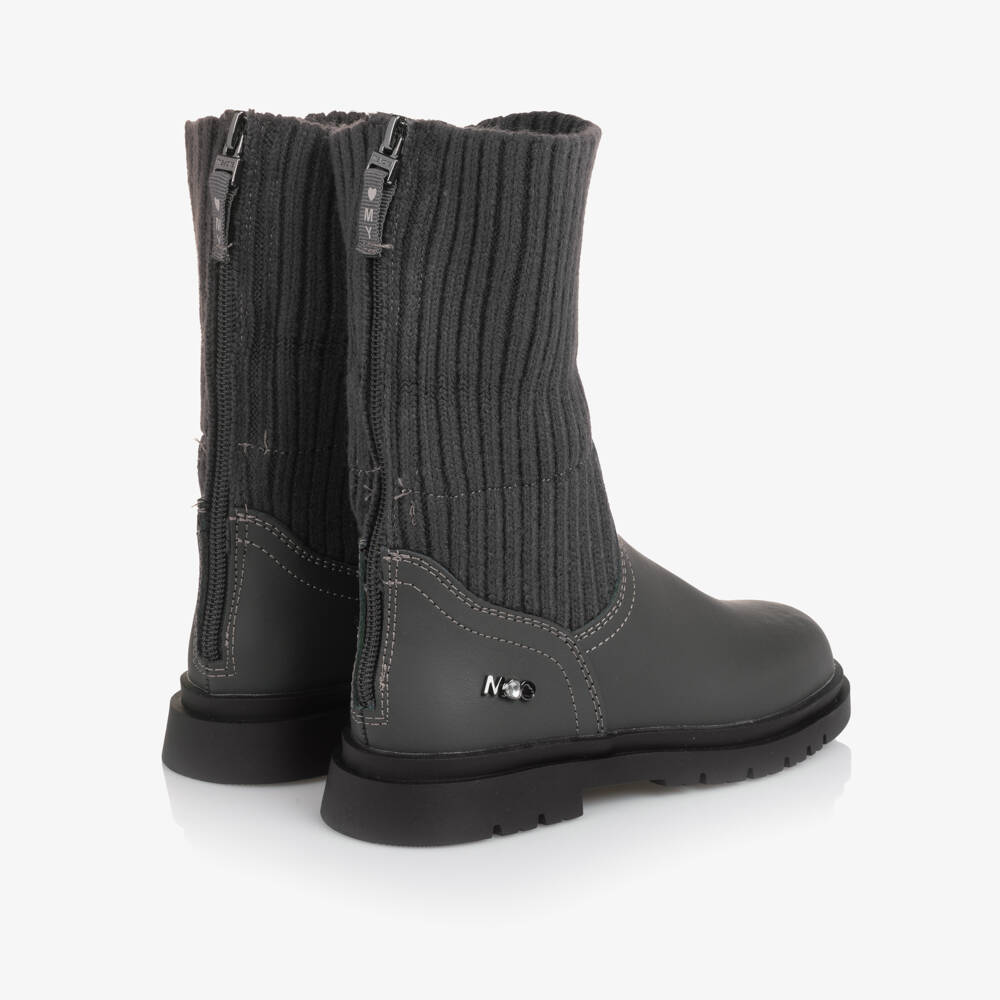 Mayoral-Girls Grey Leather & Rib Knit Cuff Boots | Childrensalon Outlet