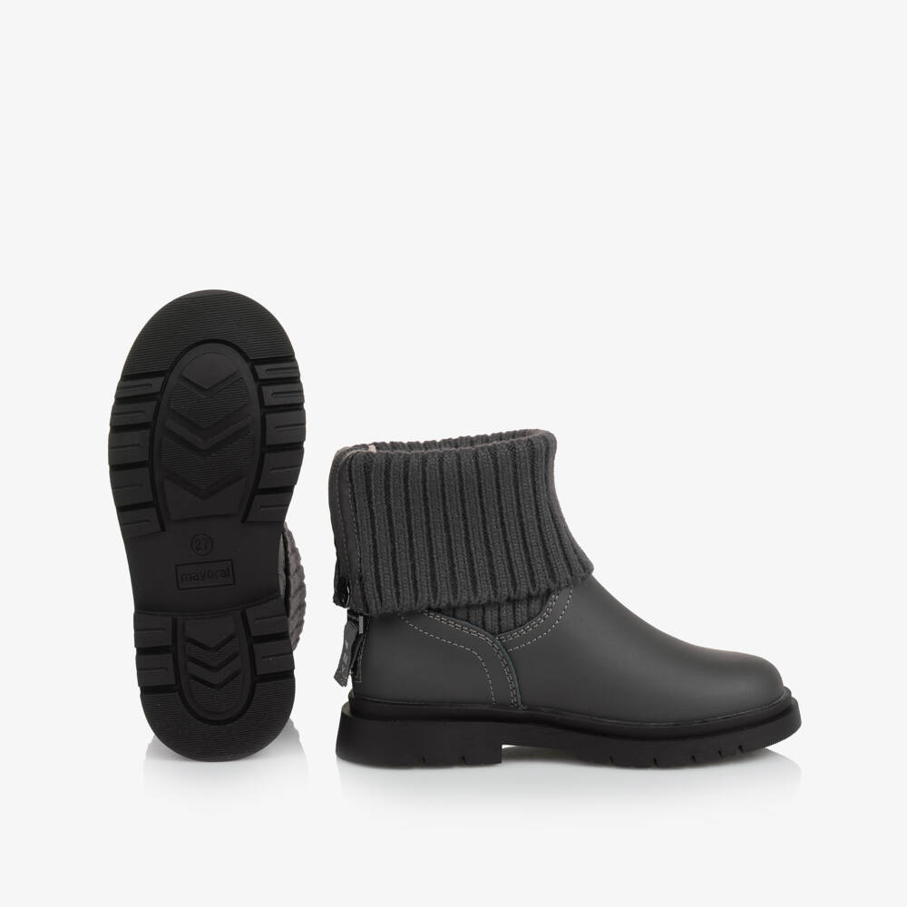 Mayoral-Girls Grey Leather & Rib Knit Cuff Boots | Childrensalon Outlet