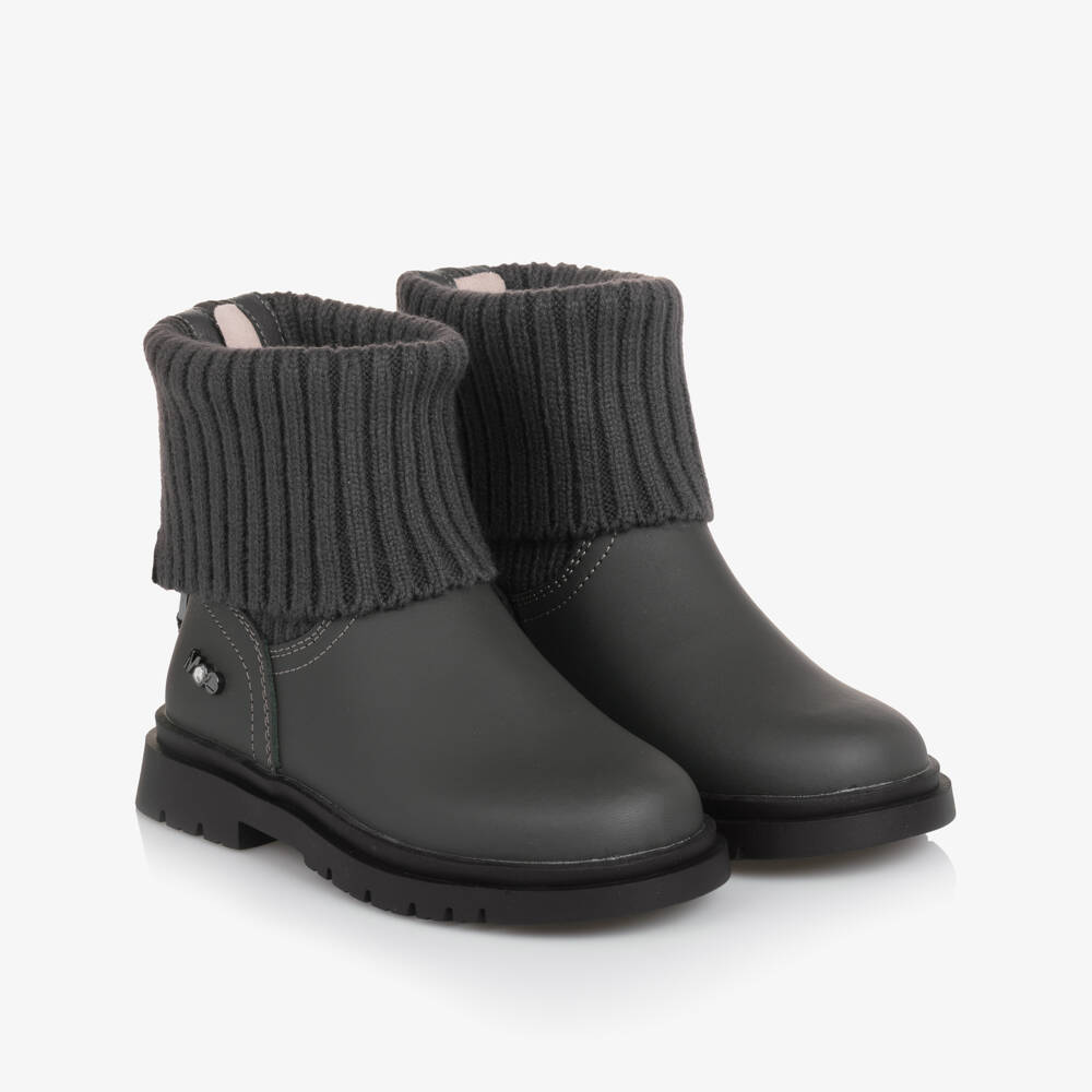 Mayoral-Girls Grey Leather & Rib Knit Cuff Boots | Childrensalon Outlet