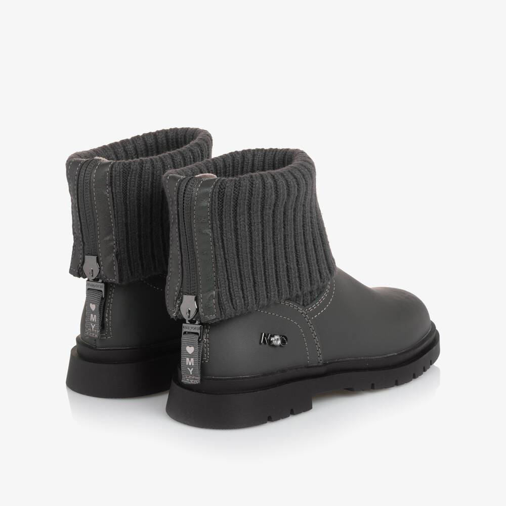 Mayoral-Girls Grey Leather & Rib Knit Cuff Boots | Childrensalon Outlet