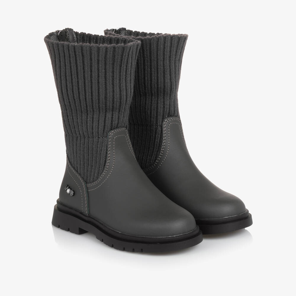 Mayoral-Girls Grey Leather & Rib Knit Cuff Boots | Childrensalon Outlet