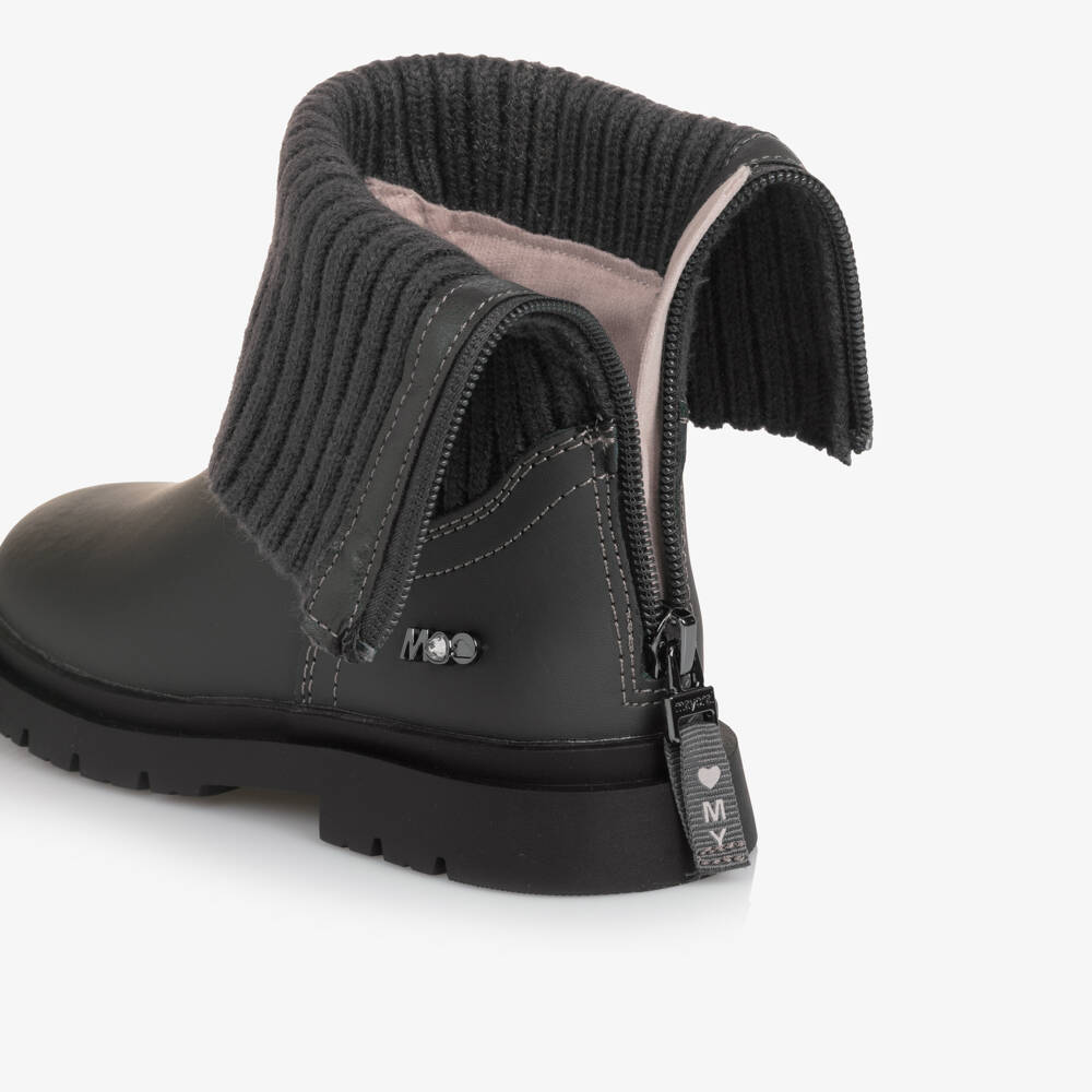 Mayoral-Girls Grey Leather & Rib Knit Cuff Boots | Childrensalon Outlet