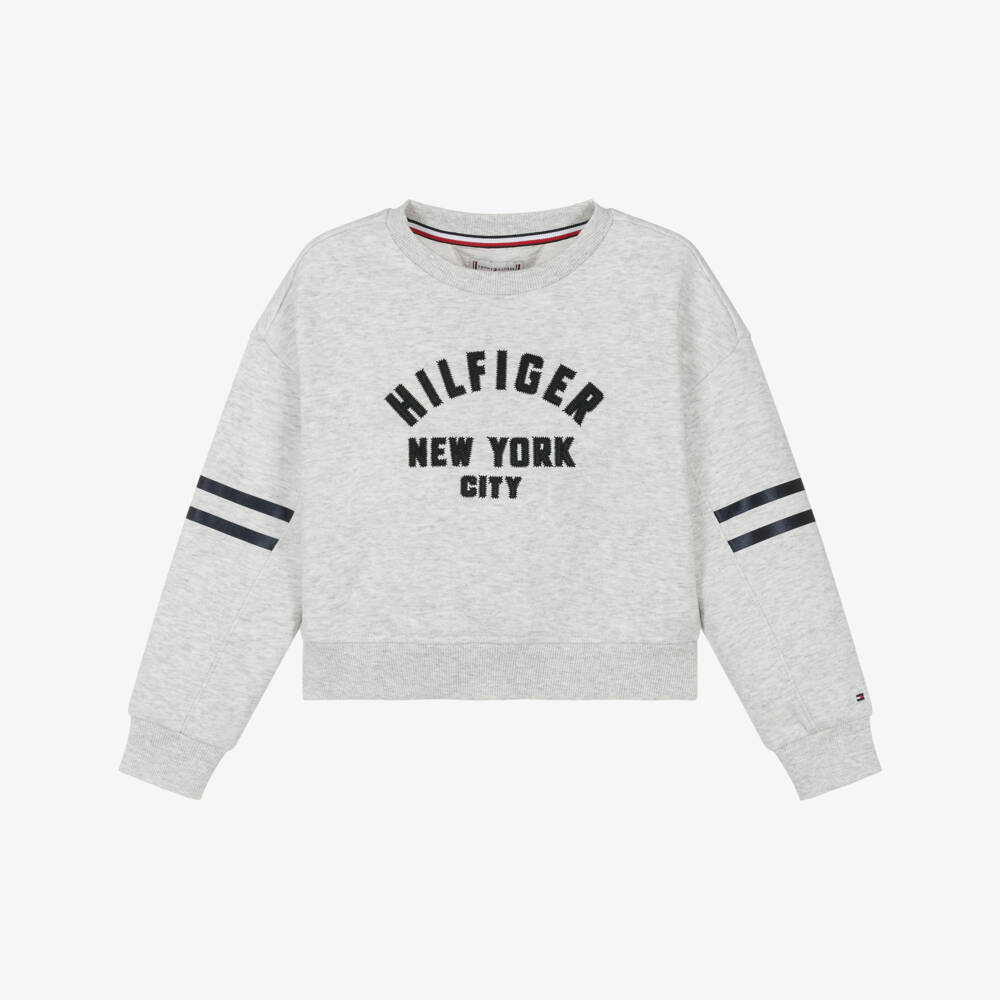 Tommy Hilfiger-Girls Grey Marl Cotton Sweatshirt with Varsity Logo | Childrensalon Outlet