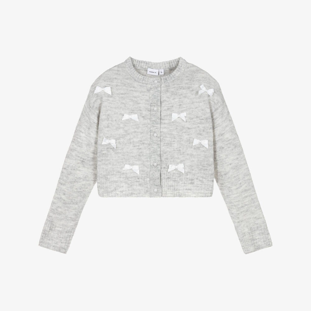 NAME IT-Girls Grey Marl Knitted Cardigan with Satin Bows | Childrensalon Outlet