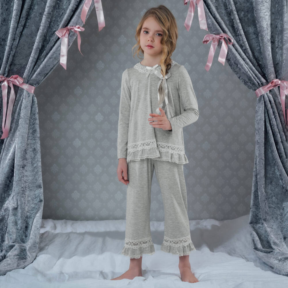 AMIKI Children-Girls Grey Marl Micromodal Jersey Pyjamas with Lace Trims | Childrensalon Outlet