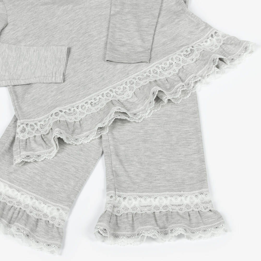 AMIKI Children-Girls Grey Marl Micromodal Jersey Pyjamas with Lace Trims | Childrensalon Outlet