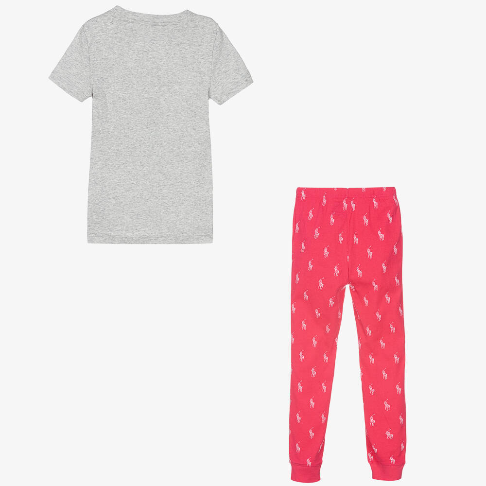 Ralph Lauren-Girls Grey & Pink Cotton Polo Pyjamas | Childrensalon Outlet