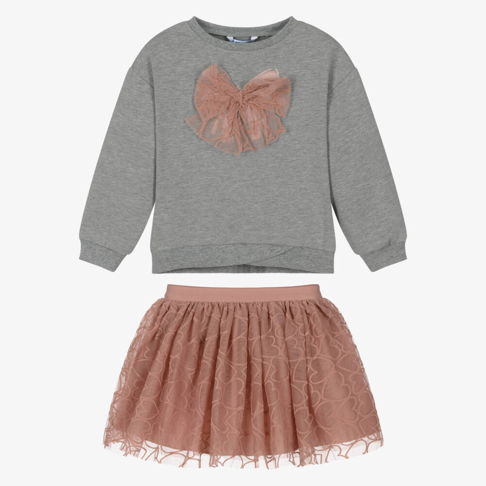 Mayoral-Girls Grey & Pink Heart Print Tulle Skirt Set | Childrensalon Outlet