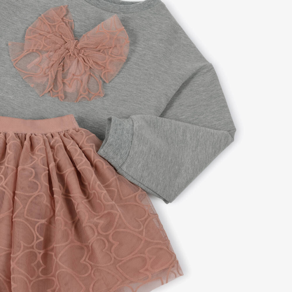 Mayoral-Girls Grey & Pink Heart Print Tulle Skirt Set | Childrensalon Outlet