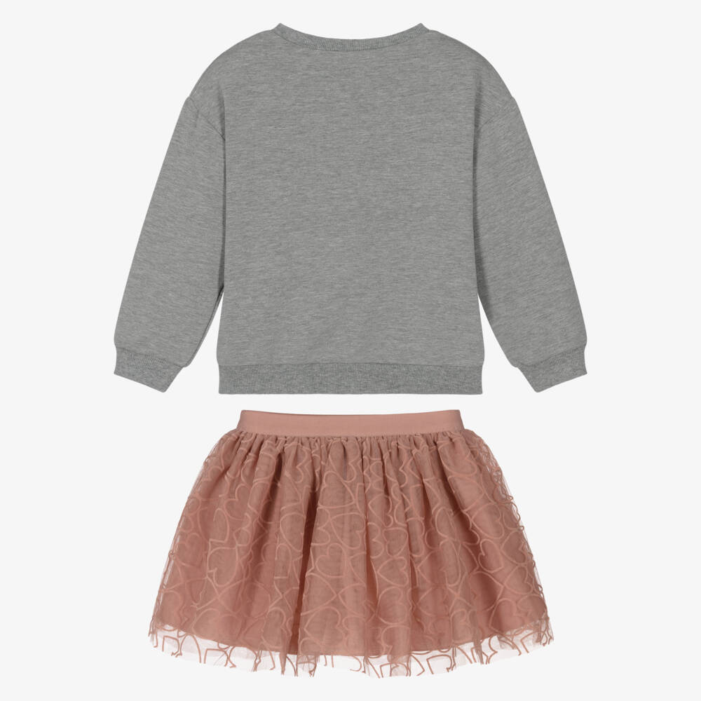 Mayoral-Girls Grey & Pink Heart Print Tulle Skirt Set | Childrensalon Outlet