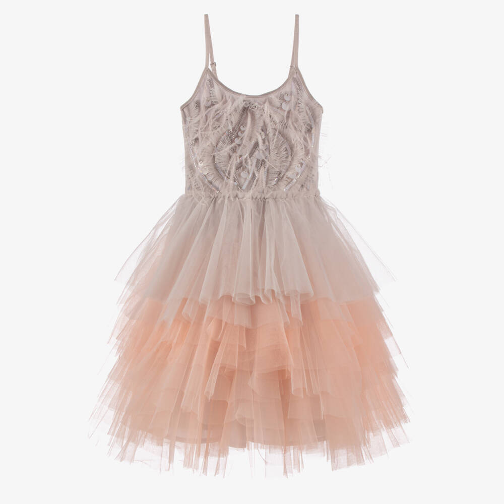 Tutu du Monde-Girls Grey & Pink OmbrÃ© Tulle Dress with Feathers & Sequins | Childrensalon Outlet