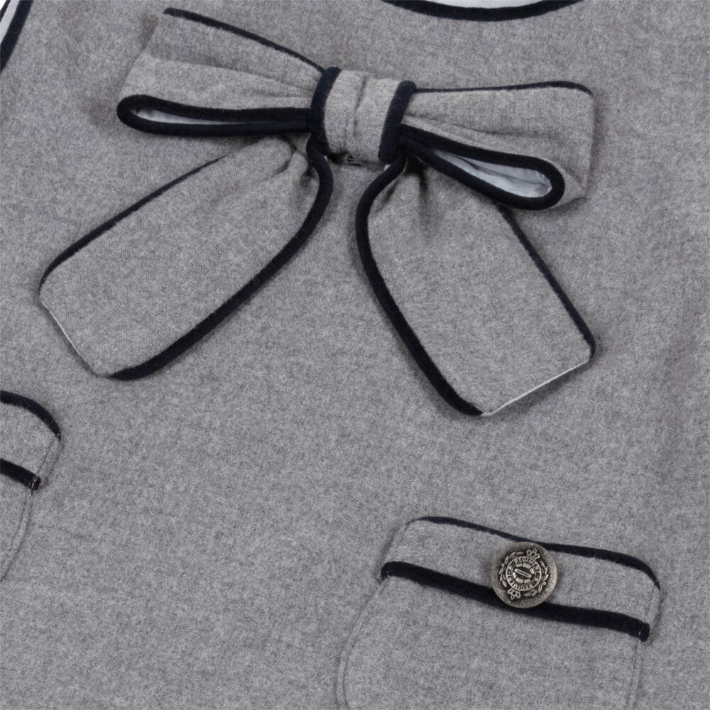 Patachou-Girls Grey Pleated Bow Dress with Navy Blue Piping | Childrensalon Outlet