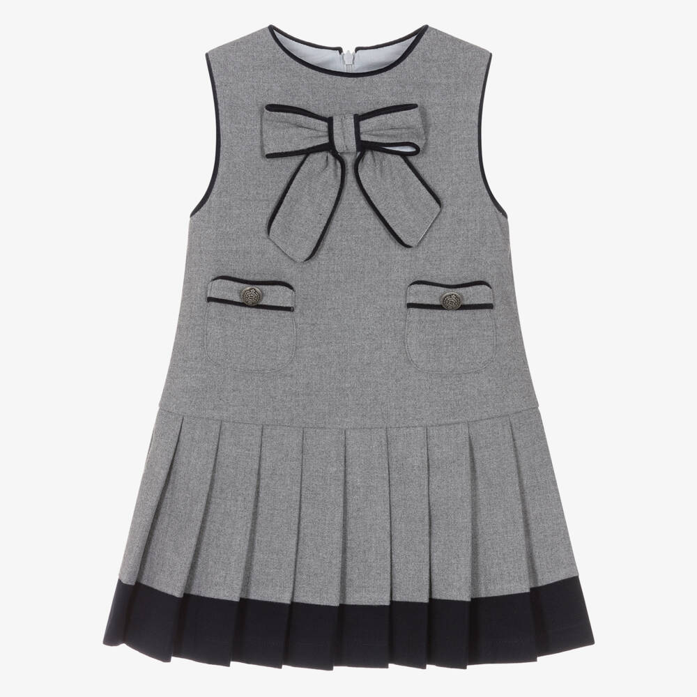 Patachou-Girls Grey Pleated Bow Dress with Navy Blue Piping | Childrensalon Outlet