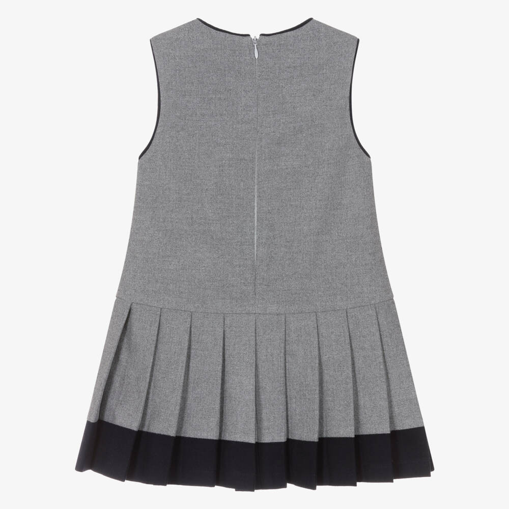 Patachou-Girls Grey Pleated Bow Dress with Navy Blue Piping | Childrensalon Outlet