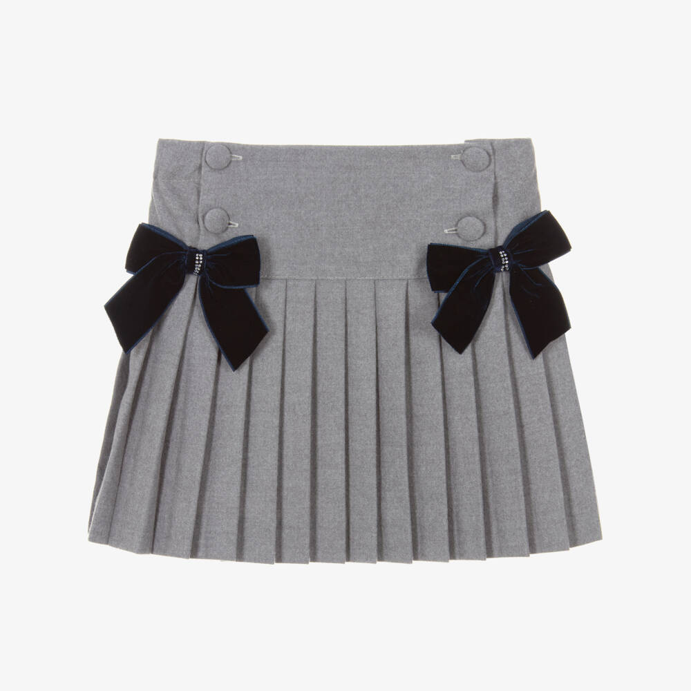 Piccola Speranza-Girls Grey Pleated Flannel Skirt with Blue Velvet Bows | Childrensalon Outlet