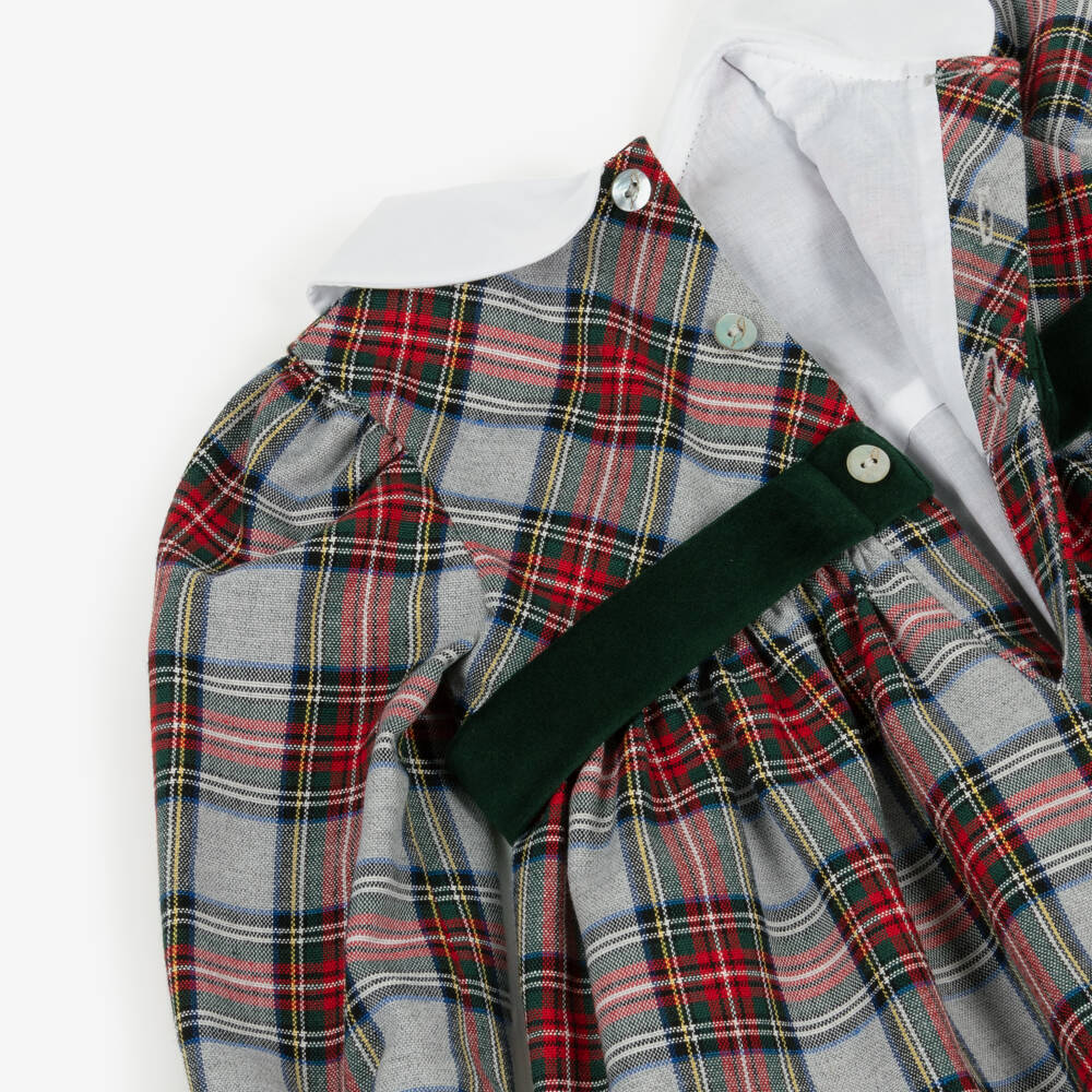 Pureté Du... Bébé-Girls Grey & Red Cotton Tartan Dress with Embroidered Collar | Childrensalon Outlet