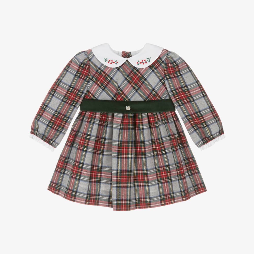 Pureté Du... Bébé-Girls Grey & Red Cotton Tartan Dress with Embroidered Collar | Childrensalon Outlet