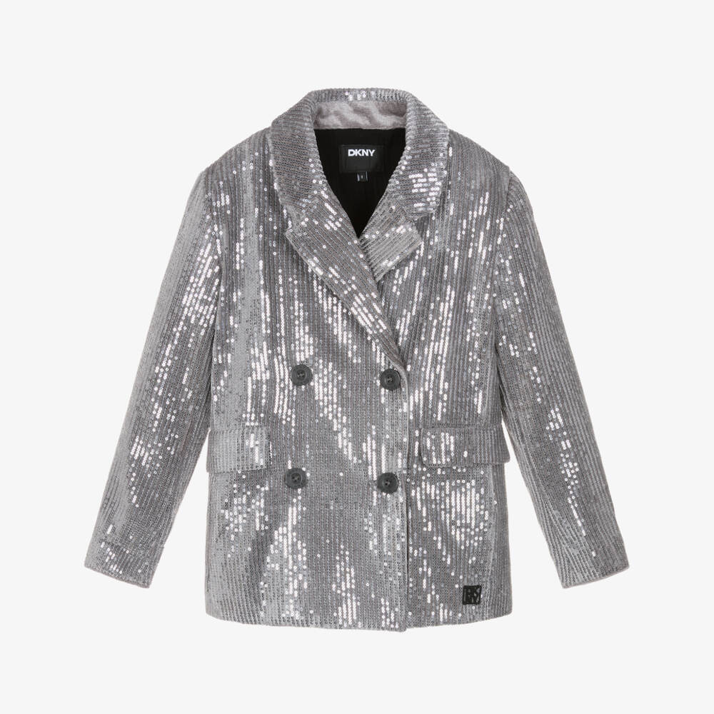 DKNY-جاكيت مخملي فضي براق للبنات | Childrensalon Outlet