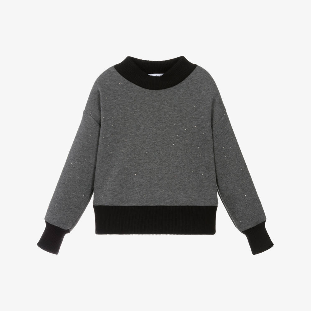 Elsy-Girls Grey Sweatshirt with Sparkly Studs & Ribbed Knit Trim  | Childrensalon Outlet
