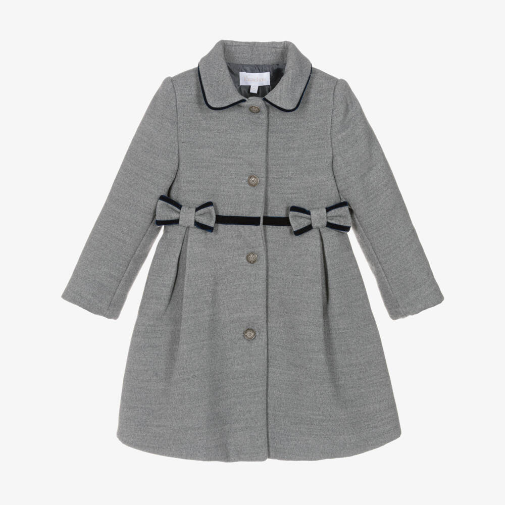 Patachou-Girls Grey Traditional Coat with Blue Velvet Trims | Childrensalon Outlet
