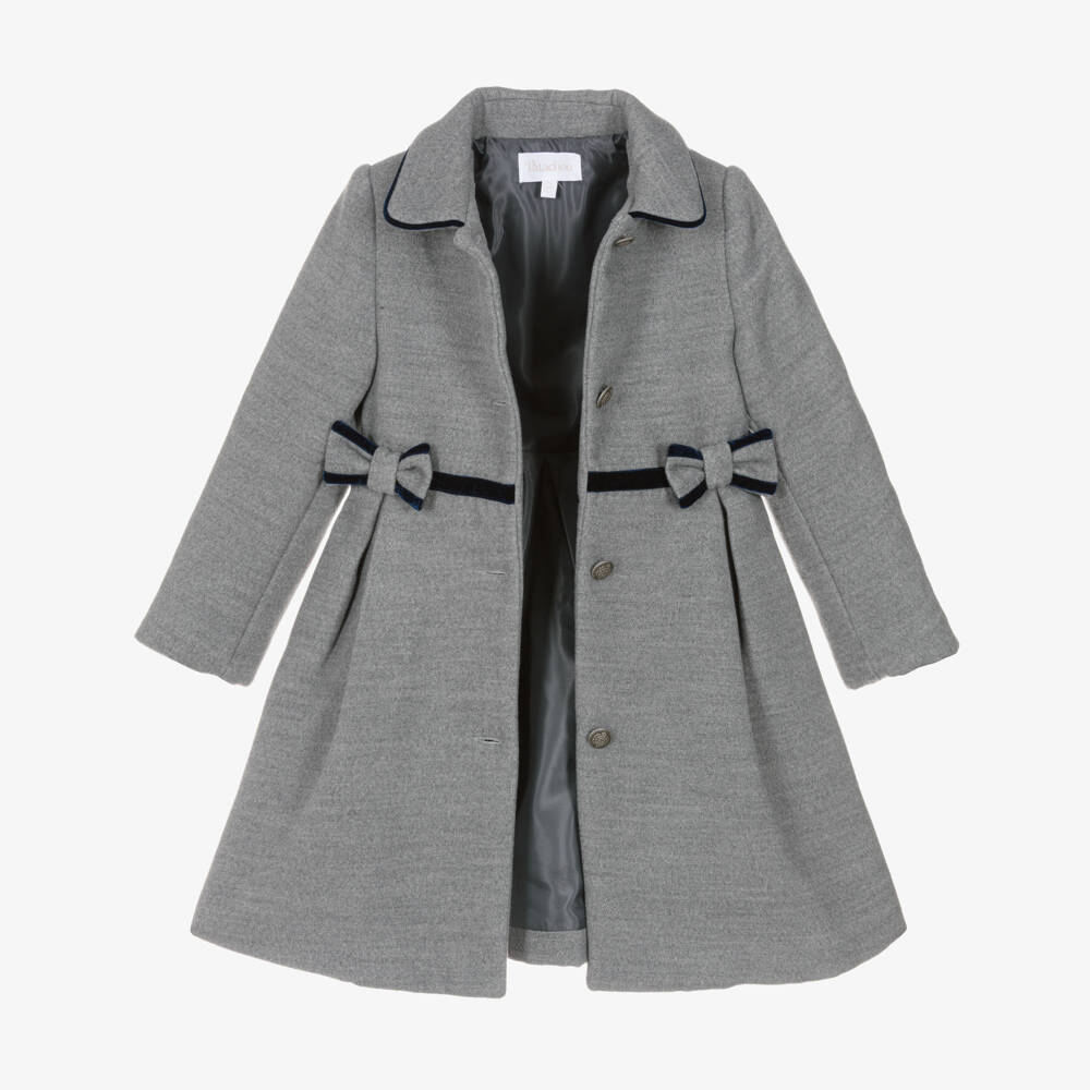Patachou-Girls Grey Traditional Coat with Blue Velvet Trims | Childrensalon Outlet