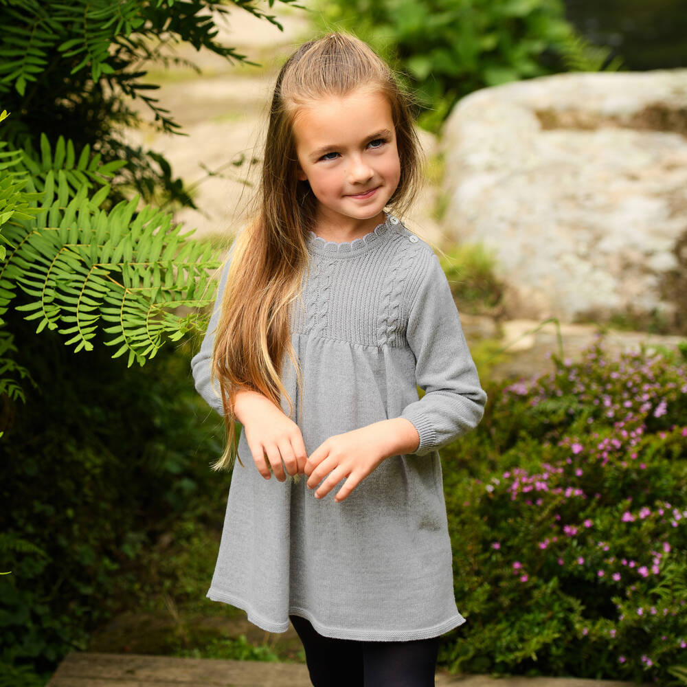 Foque-Girls Grey Wool Knit Dress with White Plumetis Bow | Childrensalon Outlet