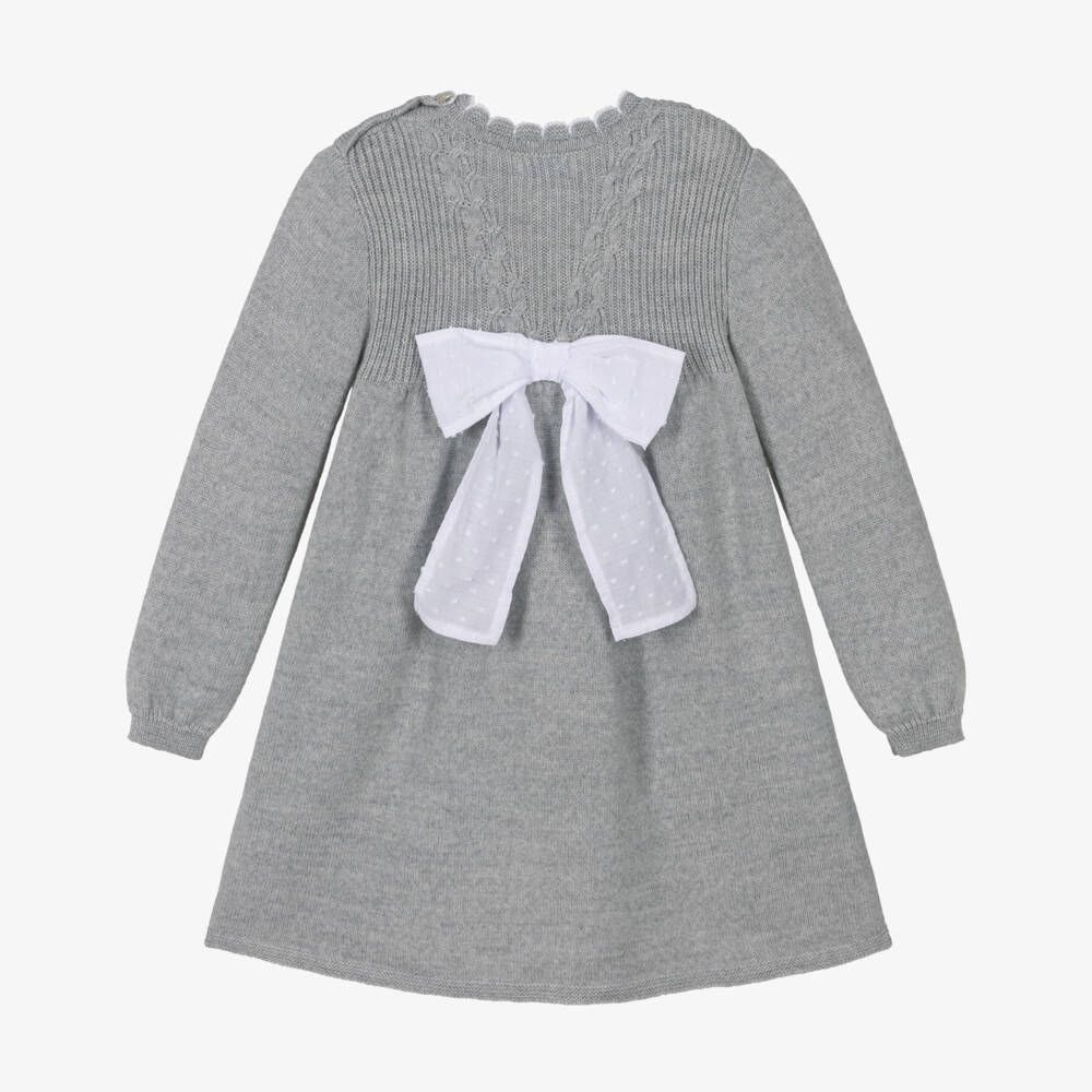Foque-Girls Grey Wool Knit Dress with White Plumetis Bow | Childrensalon Outlet