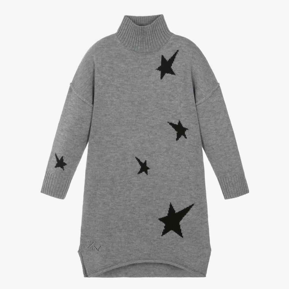 Zadig&Voltaire-Girls Grey Wool Knit Sweater Dress with Black Stars | Childrensalon Outlet