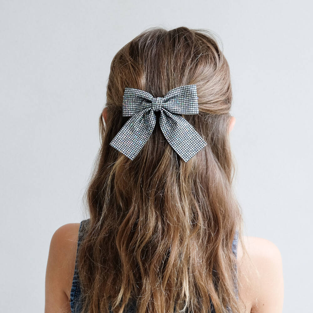 Mimi & Lula-Girls Iridescent Silver Disco Ball Bow (10cm) | Childrensalon Outlet